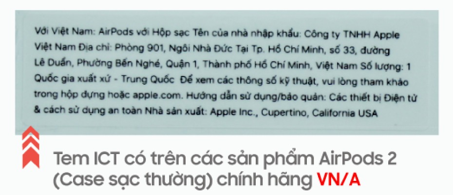 Tem ICT có trên các sản phẩm Tai nghe AirPods 2 sạc thường