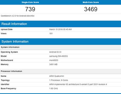 Hình ảnh thông tin được cho là Samsung Galaxy A6 Plus 2018 xuất hiện trên GeekBench.