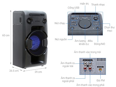 Bảng điều khiển và nút hổ trợ trên dòng sản phẩm loa Sony MHC V11/C SP6