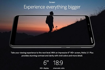 Màn hình Nokia 3.1 Plus với tỉ lệ 18:9 thời thượng